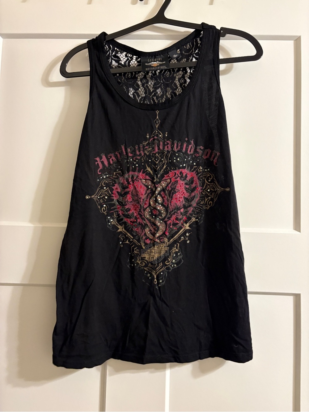 Harley-Davidson Black Tank Top with Pink Heart and Gold Accents